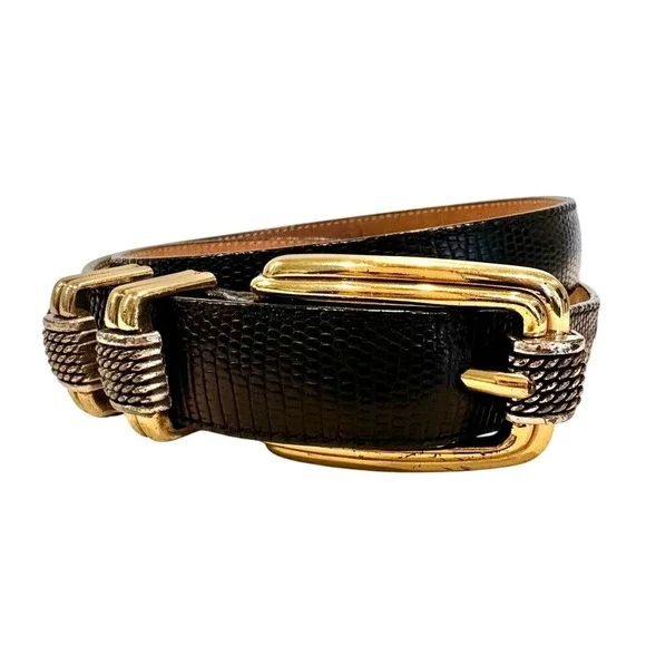 Women’s Black Leather Brighton Belt with Gold 90s Brighton Black Reptile Leather Belt Gold Silver Buckle  main image 2